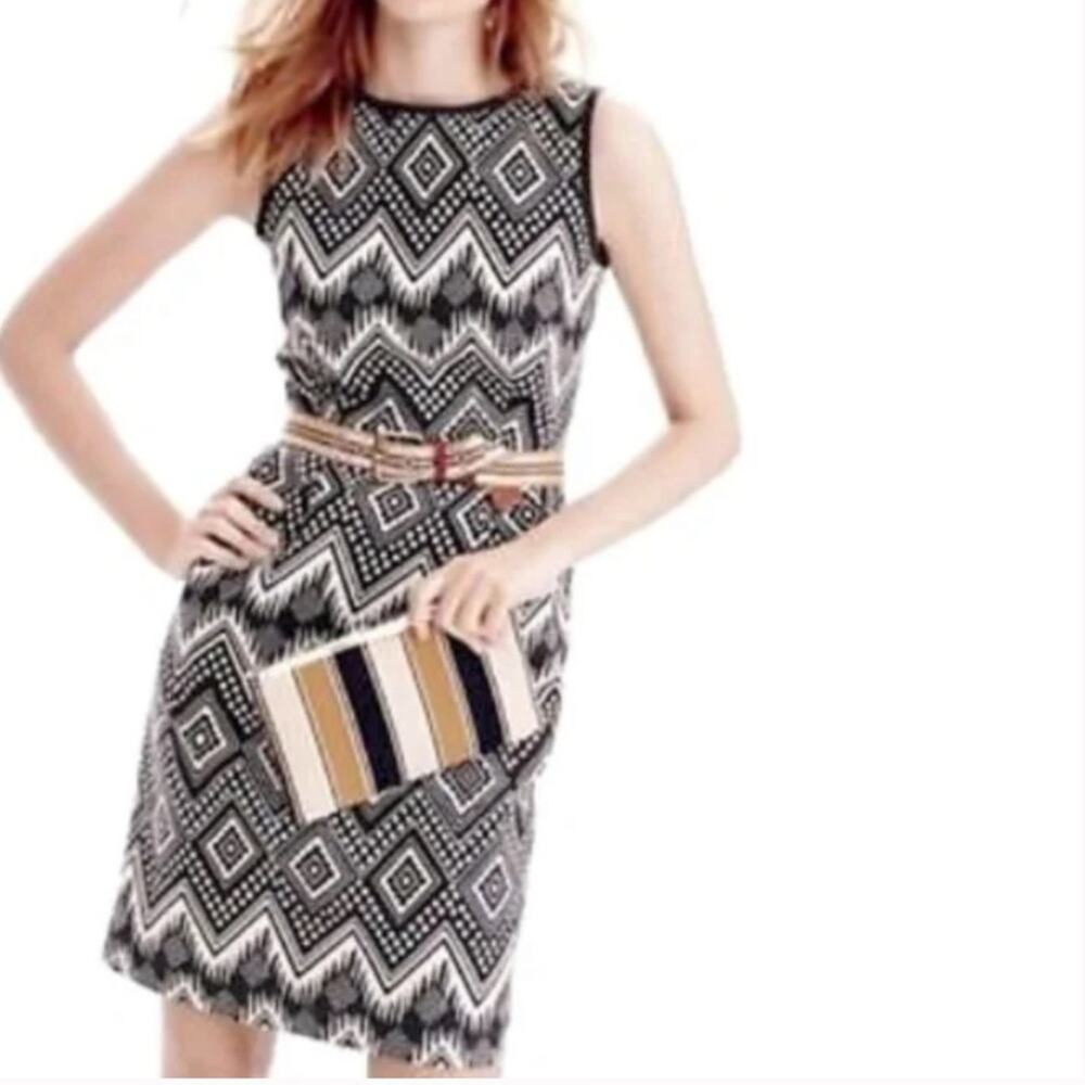 J. Crew Diamond Aztec Printed Sheath Dress Woven  Black Sleeveless size 10